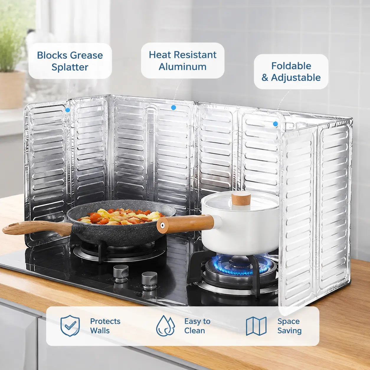 2-Pack Foldable Aluminum Foil Oil Splash Guards, Heat-Resistant Stove Baffles for Gas & Induction Cooktops