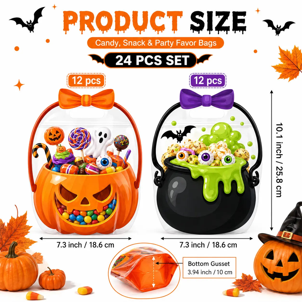 Halloween Plastic Goodie Bags with Pumpkin, Skull, Cat & Skeleton Designs for Candy, Classroom & Party Favors