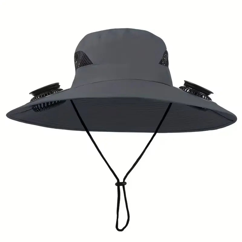 Wide-Brim Solar Fan Sun Hat for Men with Dual Cooling Fans & Adjustable Chin Strap