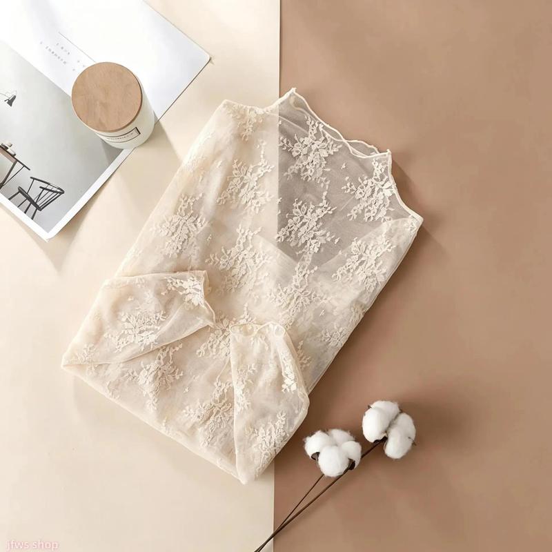 Women’s 3-Piece Floral Lace Mesh Long-Sleeve Layering Top Set