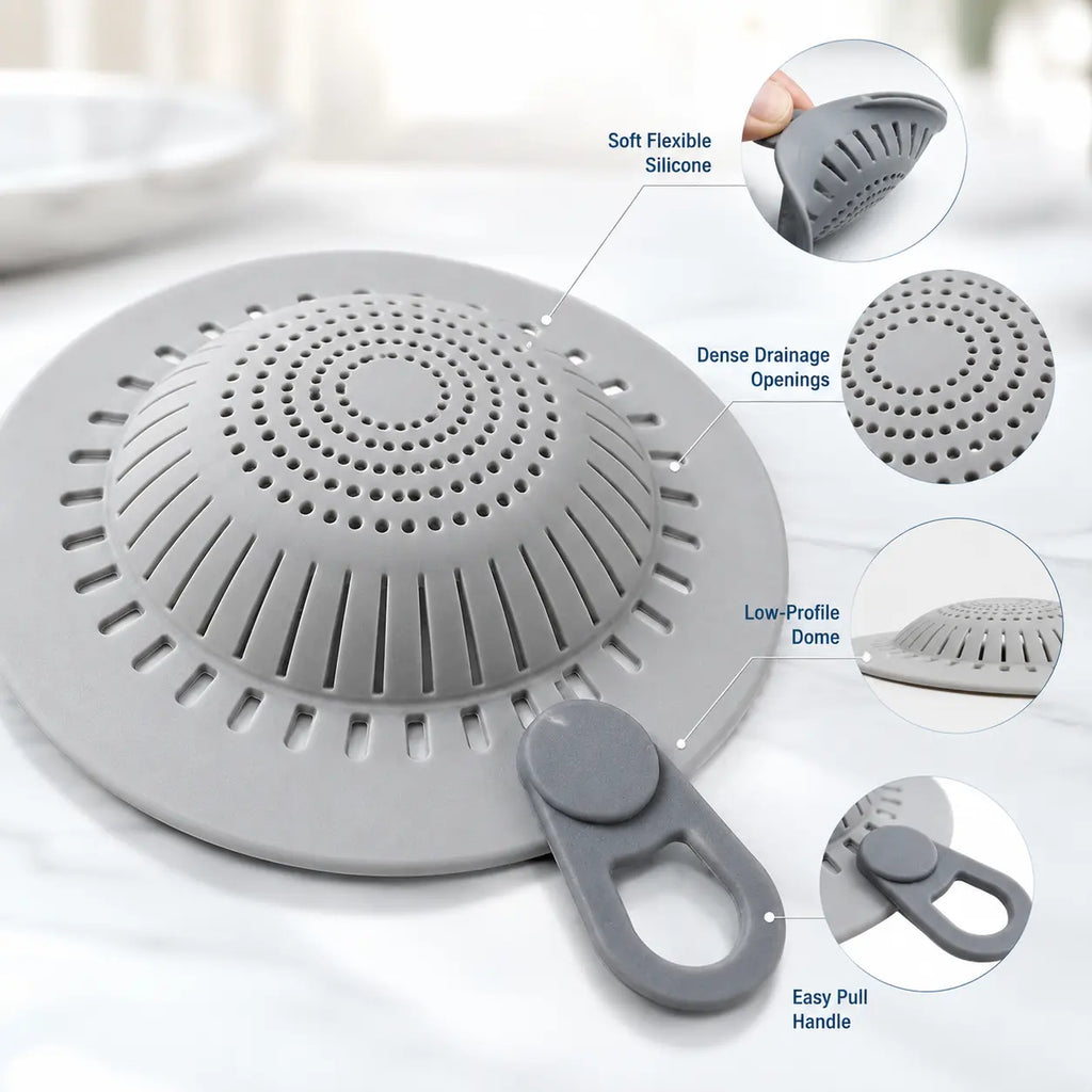 Flexible Silicone Drain Hair Catcher with Lift Handle for Shower, Bathtub, Bathroom Sink & Utility Sink