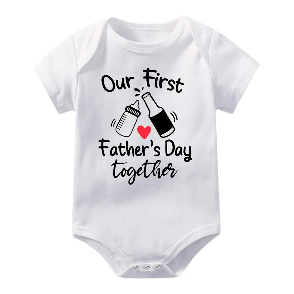Cute Baby Bodysuit with Our First Fathers Day Together Bottle And Beer Design Print Soft Versatile Round Neck Button Detail Regular Fit All Seasons Knitted Fabric Onesie for 0-12 Months