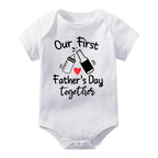 Cute Baby Bodysuit with Our First Fathers Day Together Bottle And Beer Design Print Soft Versatile Round Neck Button Detail Regular Fit All Seasons Knitted Fabric Onesie for 0-12 Months