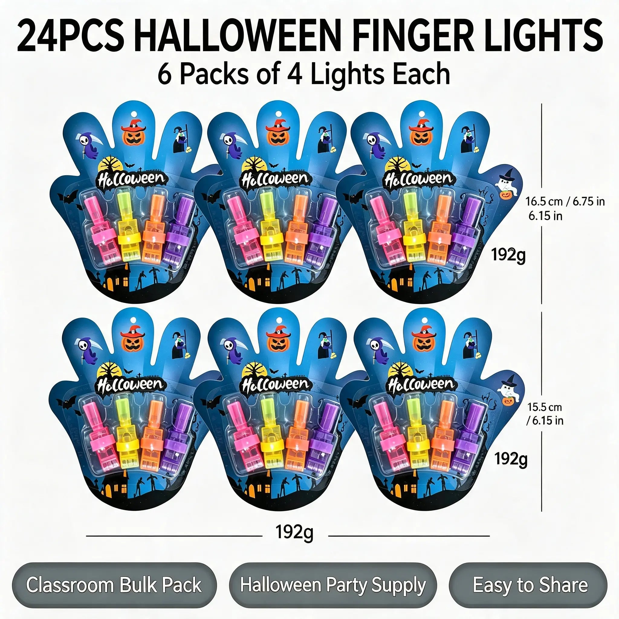 Halloween LED Finger Projector Lights with Pumpkin, Ghost, Witch & Bat Patterns for Trick-or-Treat Bags & Party Decor