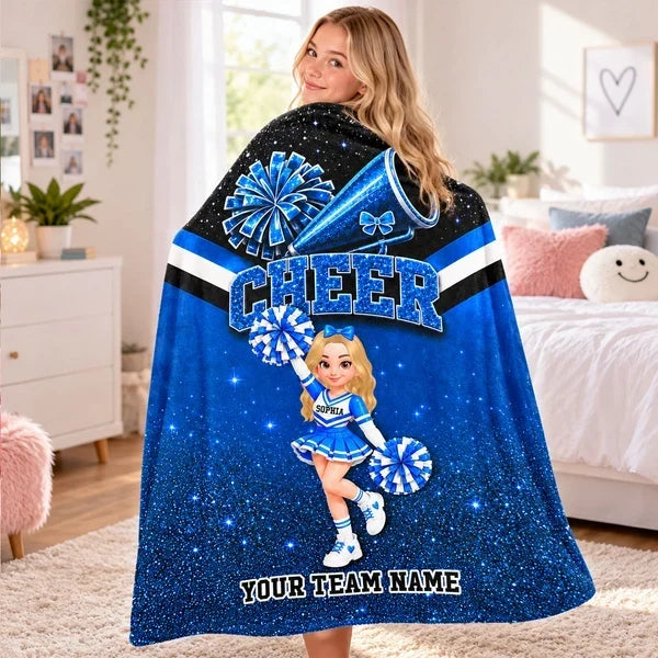Personalized Fleece Blanket, Sparkling Pink Cartoon Cheerleader with Pom-Poms, Unique Gift for Daughter - 3