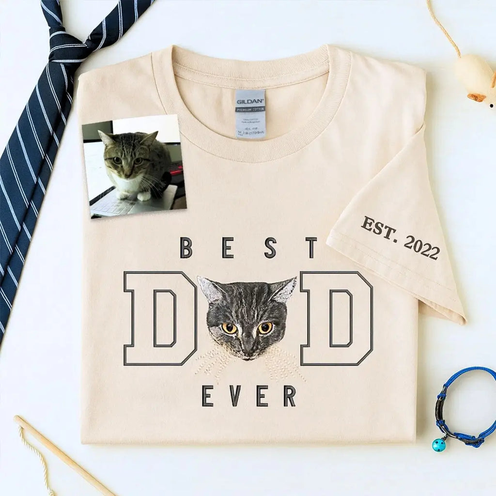 Personalized Cat Dad Shirt with Cat Portrait, Embroidered Gift for Proud Cat Dad