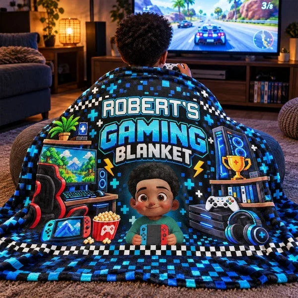 Personalized Fleece Blanket with Cartoon Gamer Holding a Controller, Blue Pixel Art, Unique Gift for Son - 11