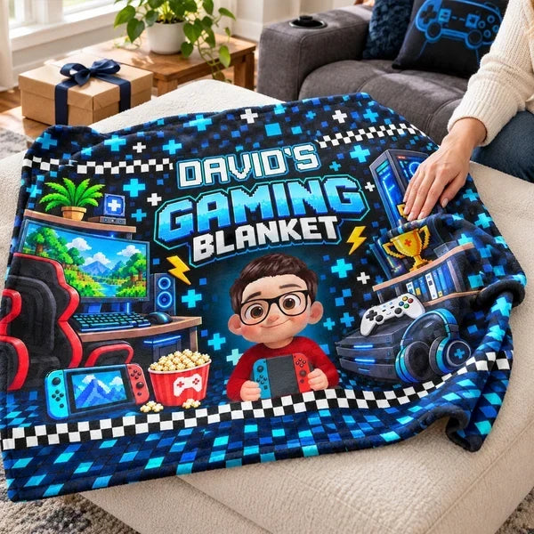 Personalized Fleece Blanket with Cartoon Gamer Holding a Controller, Blue Pixel Art, Unique Gift for Son - 4