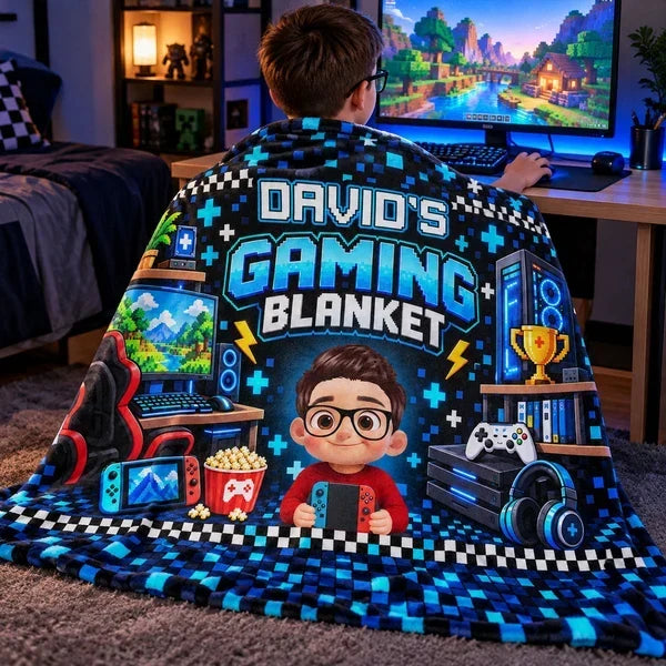 Personalized Fleece Blanket with Cartoon Gamer Holding a Controller, Blue Pixel Art, Unique Gift for Son - 5